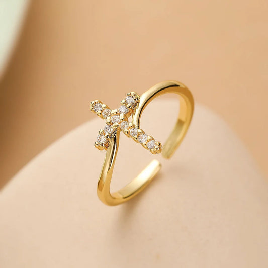 Gold Crystal Cross Resizable Ring