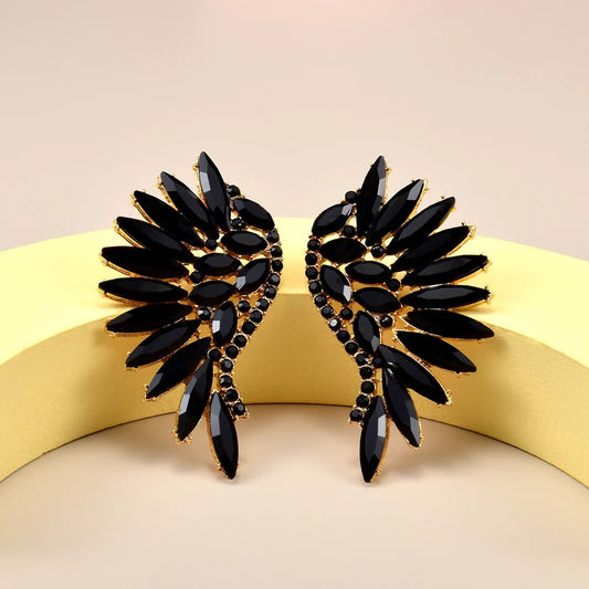 Vintage Black Wing Crystal Gold Earrings