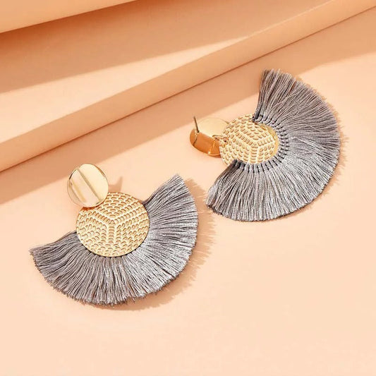 Gold Circular Top Silver Fringed Earrings