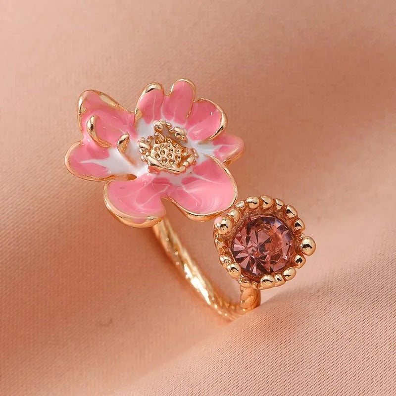 Vintage Pink Floral & Rose Gemstone Open Ring