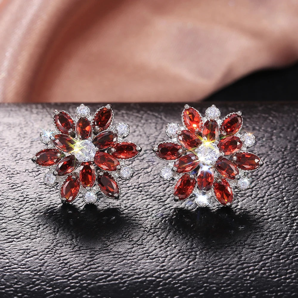 Red Petal Flower Crystal Earrings