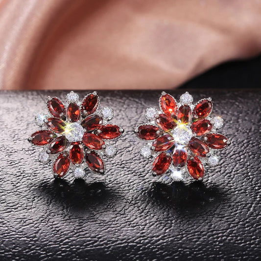 Red Petal Flower Crystal Earrings