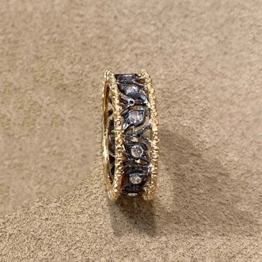 Vintage Gold & Black Carved Leaf Hollow Adjustable Ring