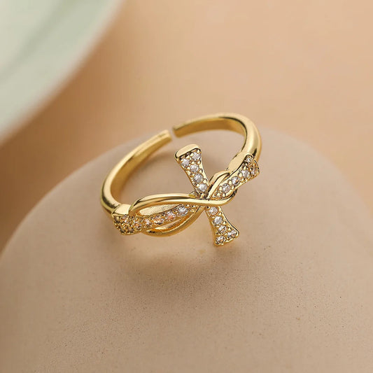 Gold Twisted Cross Resizable Ring