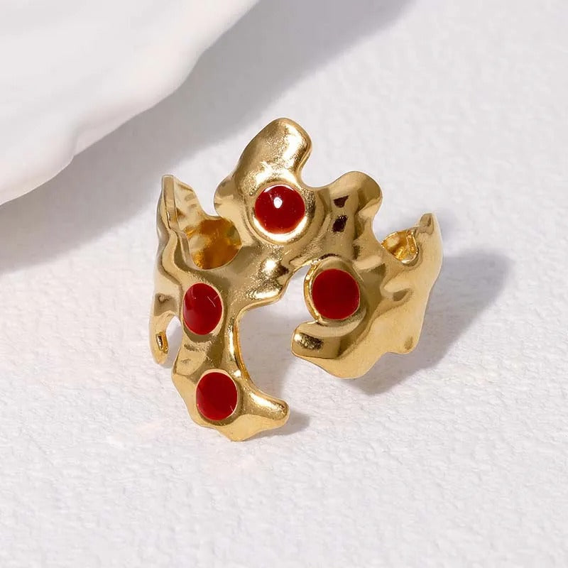 Vintage Gold Abstract Red Accent Adjustable Ring