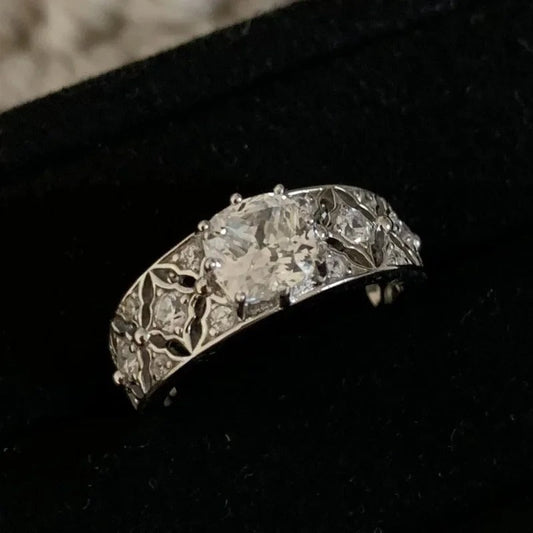 Vintage White Gold & Square Diamond Filigree Adjustable Ring