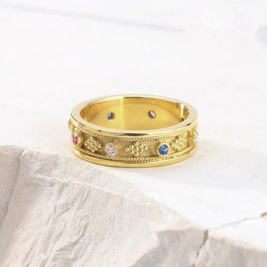 Vintage Gold Colorful Stone Band Ring