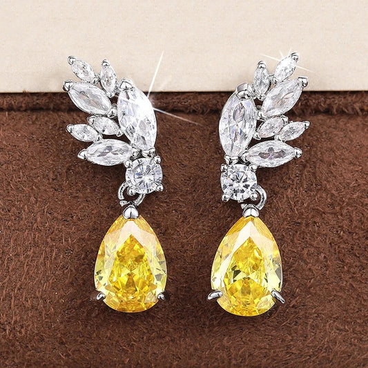 Bright Yellow Pear Zirconia Dangle Earrings