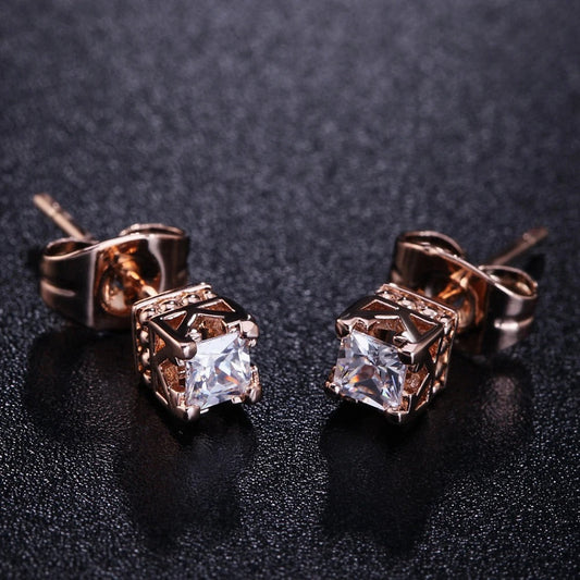 Rose Gold Princess-Cut Crystal Crown Earrings