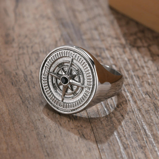 Silver Compass Wheel Design & Dark Stone Ring