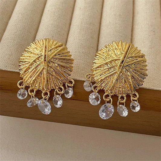 Classic Gold Textured Disc & Crystal Drop Earrings