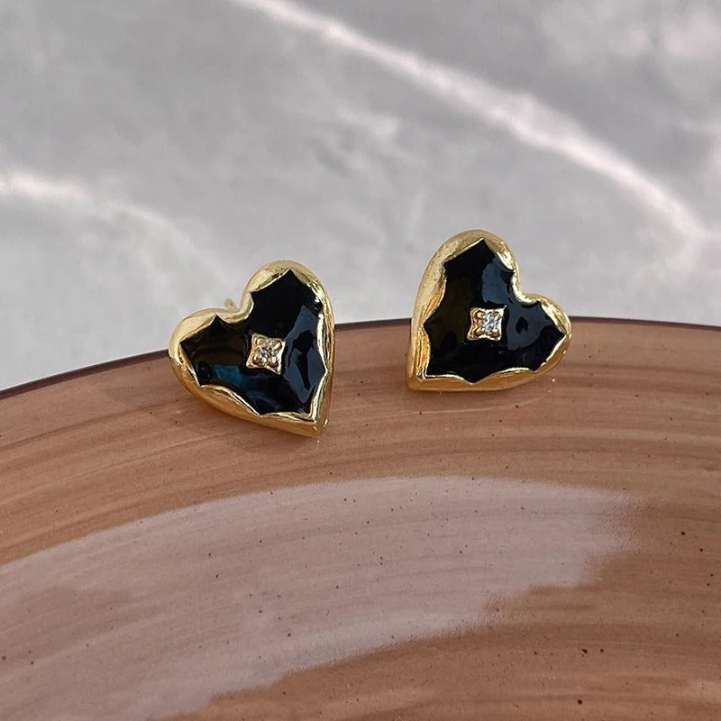 Gold Black Heart Diamond Stud Earrings