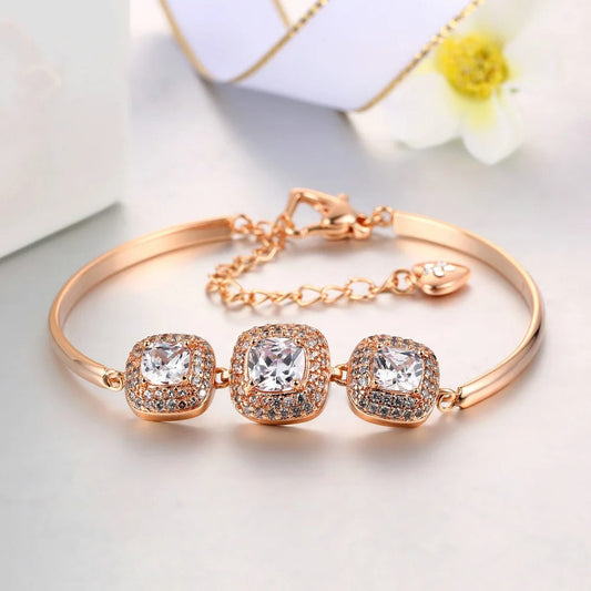 Vintage Rose Gold Triple Crystal Square Design Bracelet