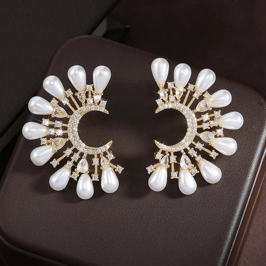 Gold Vintage Pearl Teardrop Moon Earrings