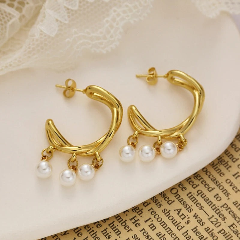 Gold White Pearl Charm Hoop Earrings