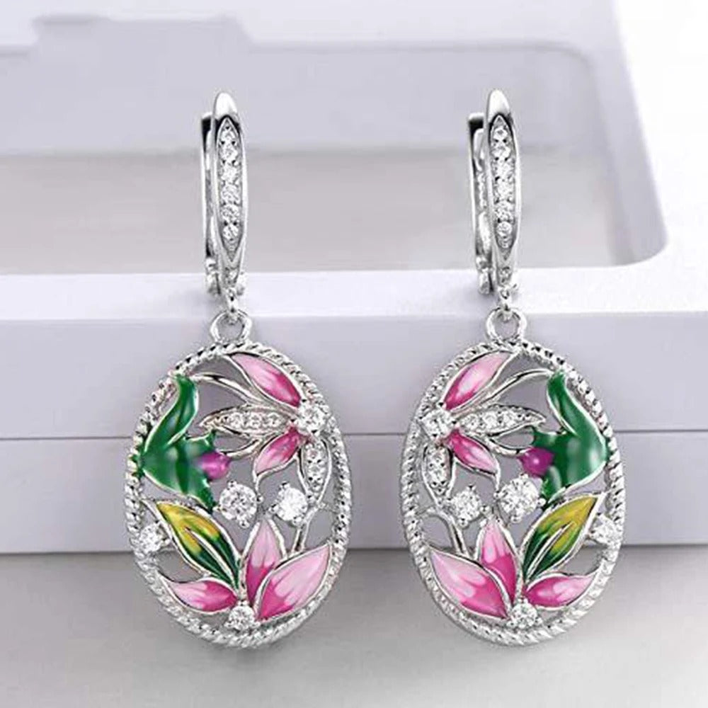 Silver Flower Crystal Dangle Earrings