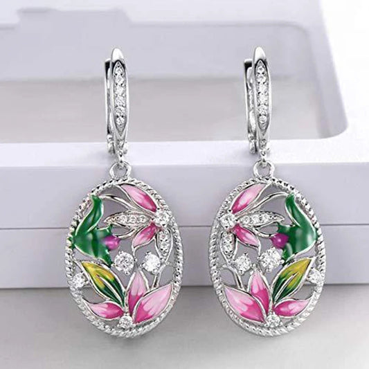 Silver Flower Crystal Dangle Earrings