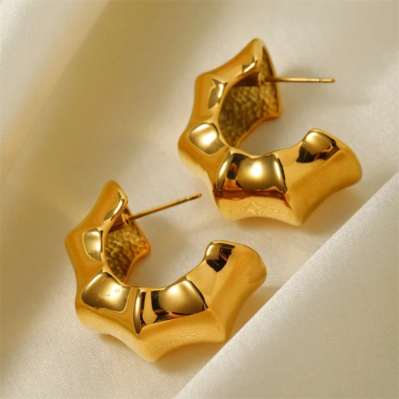 Vintage Chunky Gold Bamboo Shape Stud Earrings