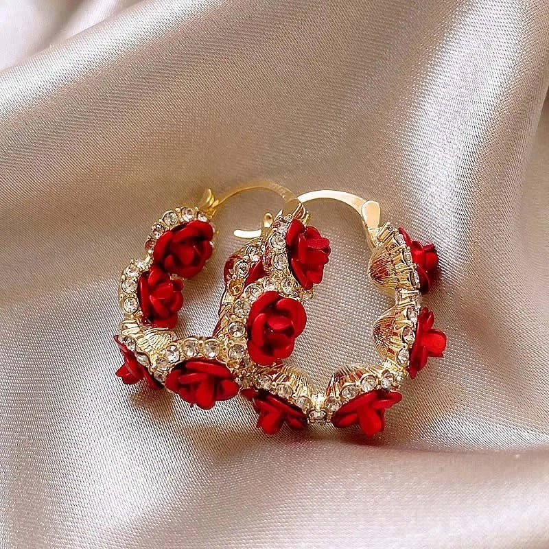 Gold Rose Crystal Hoop Earrings