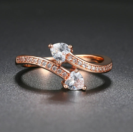 Rose Gold Two Heart Crystals & Paved Crystal Band Ring