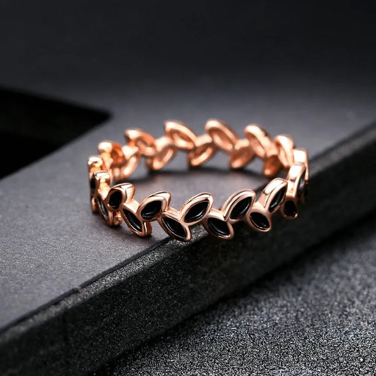 Rose Gold Leaf Motif & Black Accent Ring