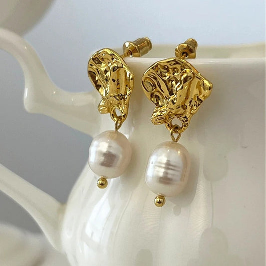 Gold Ear Cuff Pearl Drop Earrings