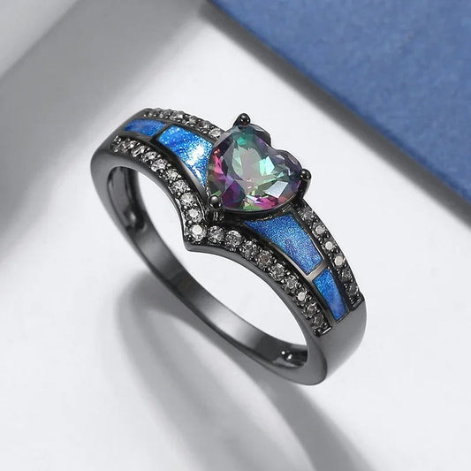 Black Heart-Shaped Gem & Blue Enamel Ring