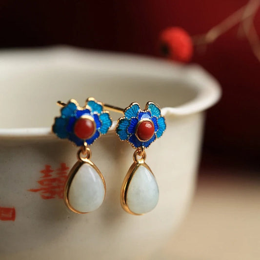 Retro Gold & Blue Floral Red White Gemstone Drop Earrings