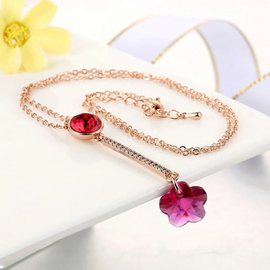 Vintage Rose Gold Red Crystal & Flower Pendant Necklace