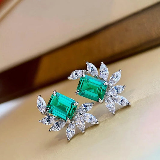 Green Rectangular Gemstone & Sparkling White Petal Earrings