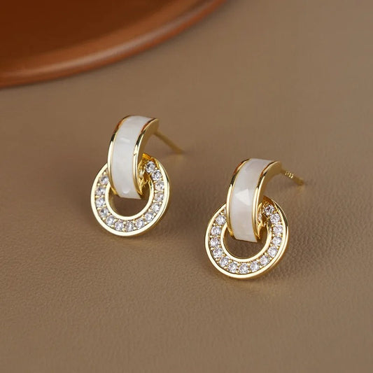 Gold & White Sparkling Crystal Hoop Earrings