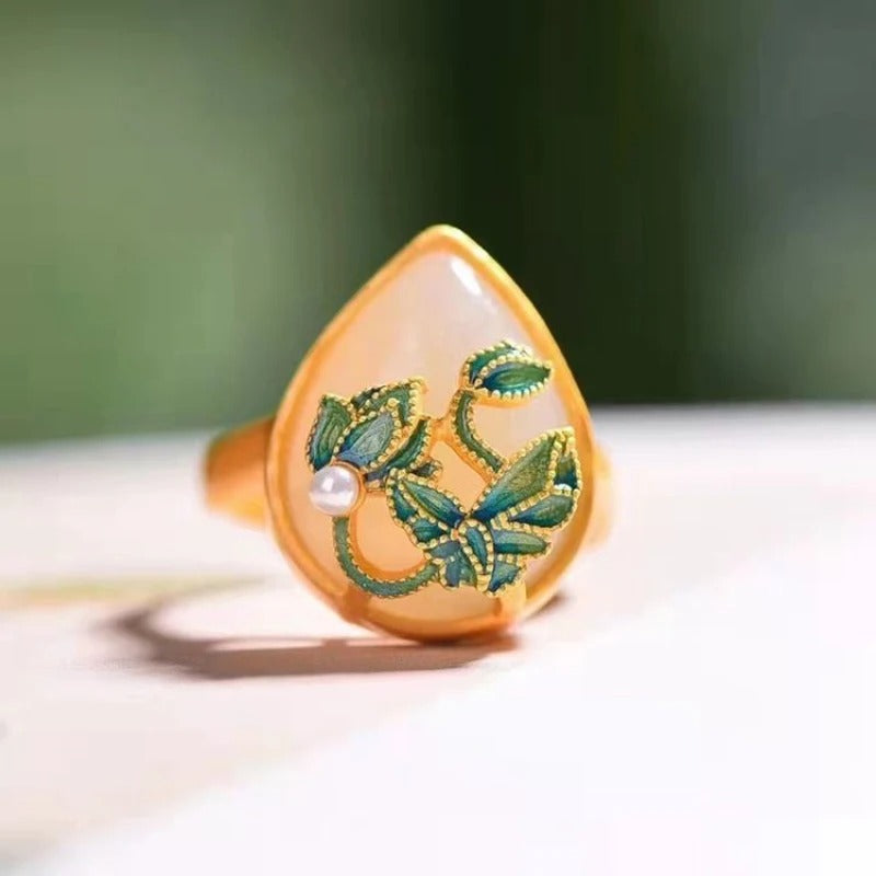 Classic Gold Jade Water Lotus Pearl Adjustable Ring