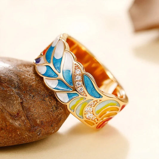 Vintage Gold Colorful Enamel Leaf Ring