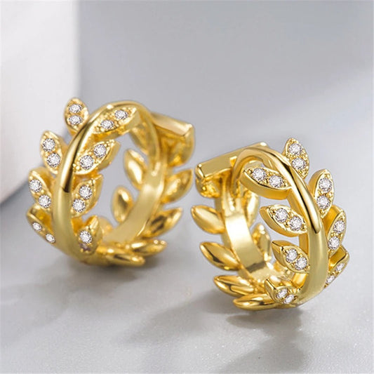 Gold Floral Leaf Design Crystal Hoop Earrings