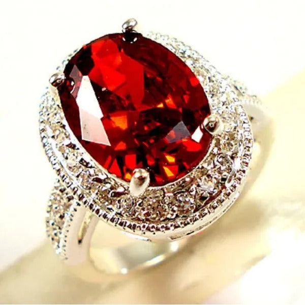 Silver Red Oval Gemstone Halo Ring