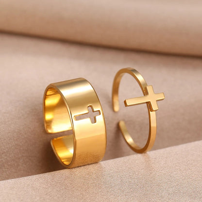 Matching Cross Gold Adjustable Ring Set
