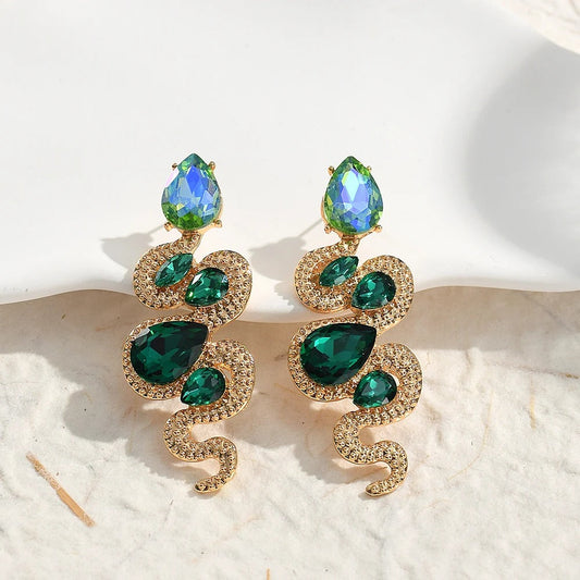 Gold Vintage Serpent Green Crystal Earrings