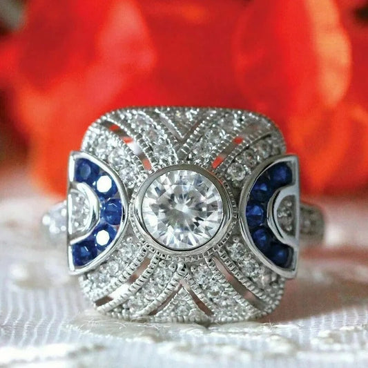 Vintage Blue & Crystal Silver Ring