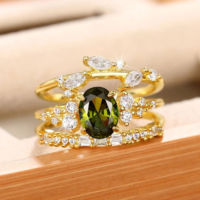 Gold Three-Band Green Stone Ring