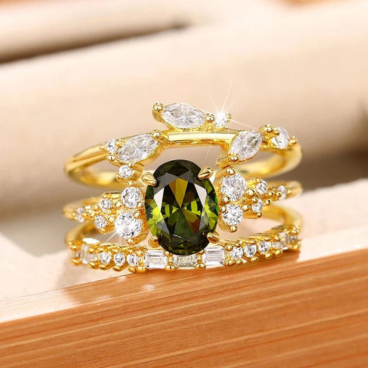 Gold Three-Band Green Stone Ring