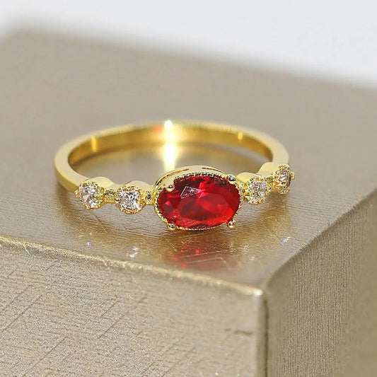 Vintage Gold Vibrant Red Oval Stone Ring