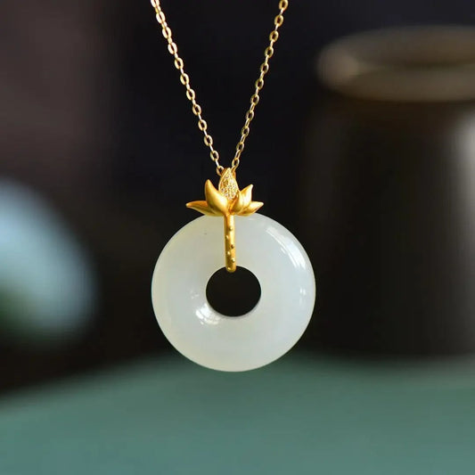 Vintage Gold Lotus & White Circle Pendant Necklace