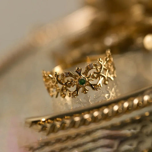 Timeless Gold Snowflake Green Gemstone Adjustable Ring