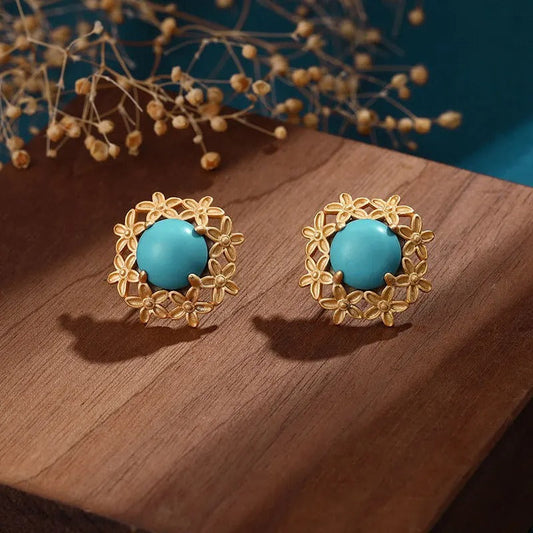 Retro Gold Round Turquoise Gemstone & Flower Accent Earrings