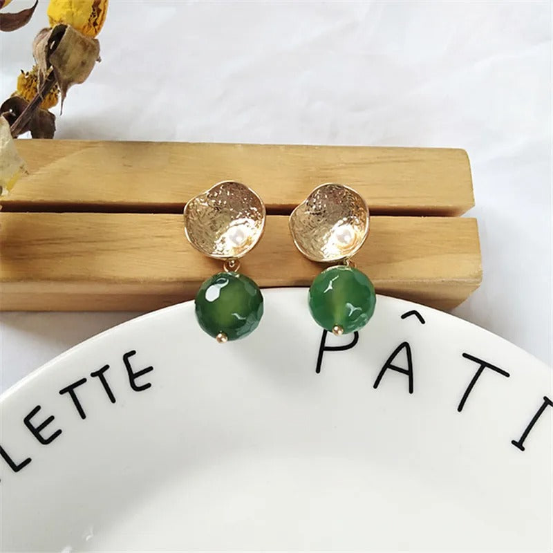Vintage Gold & Green Ball Stud Earrings