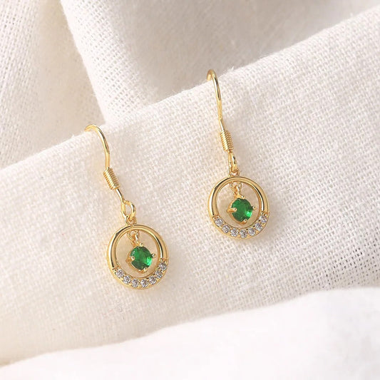 Vintage Gold Green Stone & Sparkling Halo Drop Earrings