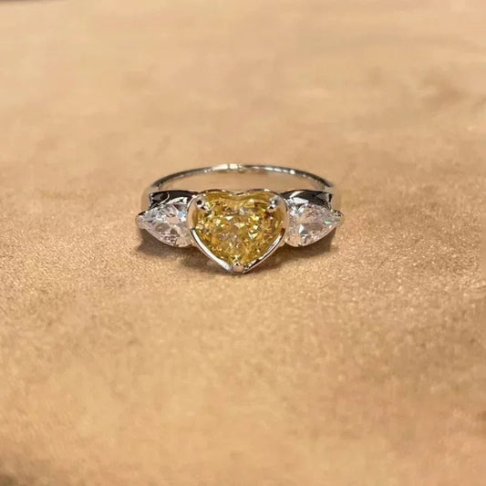 Yellow Heart & White Gemstone Vintage Adjustable Ring