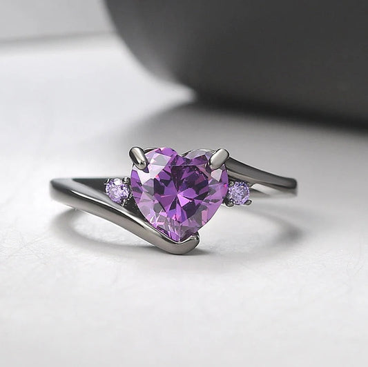 Silver Heart-Shaped Purple Gemstone Ring