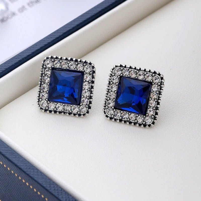 Silver Blue Crystal Square Earrings