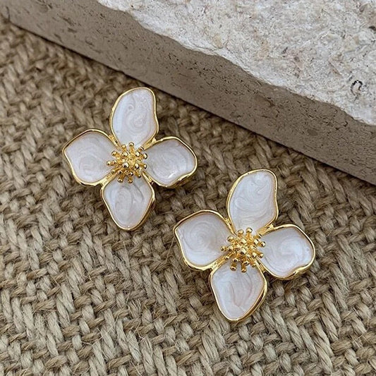 Vintage Gold White Blossom Earrings